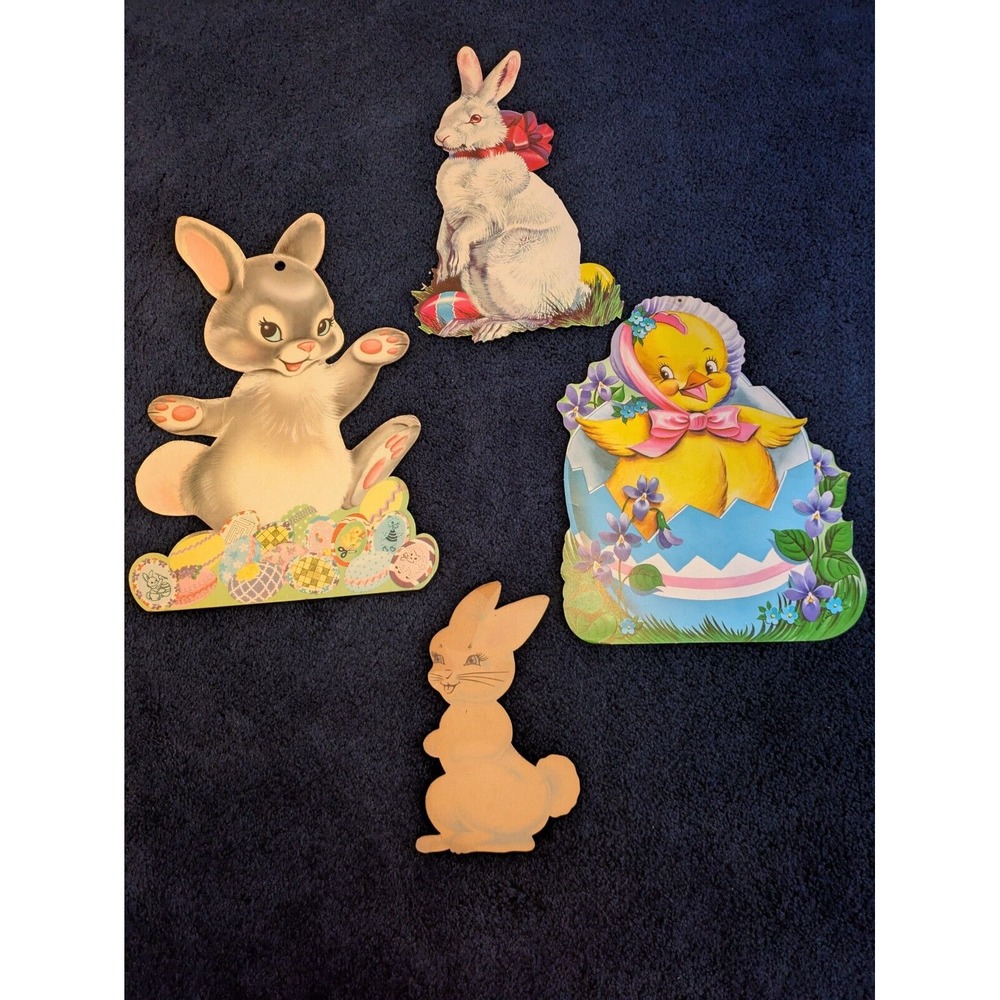 1958 Easter Bunny Chick Easter Eggs Purple Flowers Die‎ Cut Lot 4 Grannycore